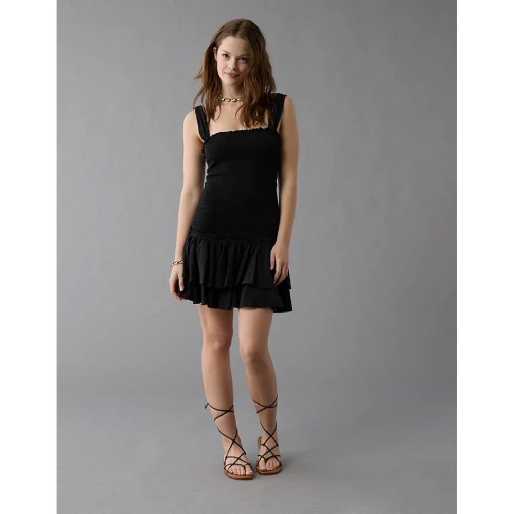 American Eagle Black Cottagecore Boho Tiered Ruffle Basque Drop Waist Dress XL